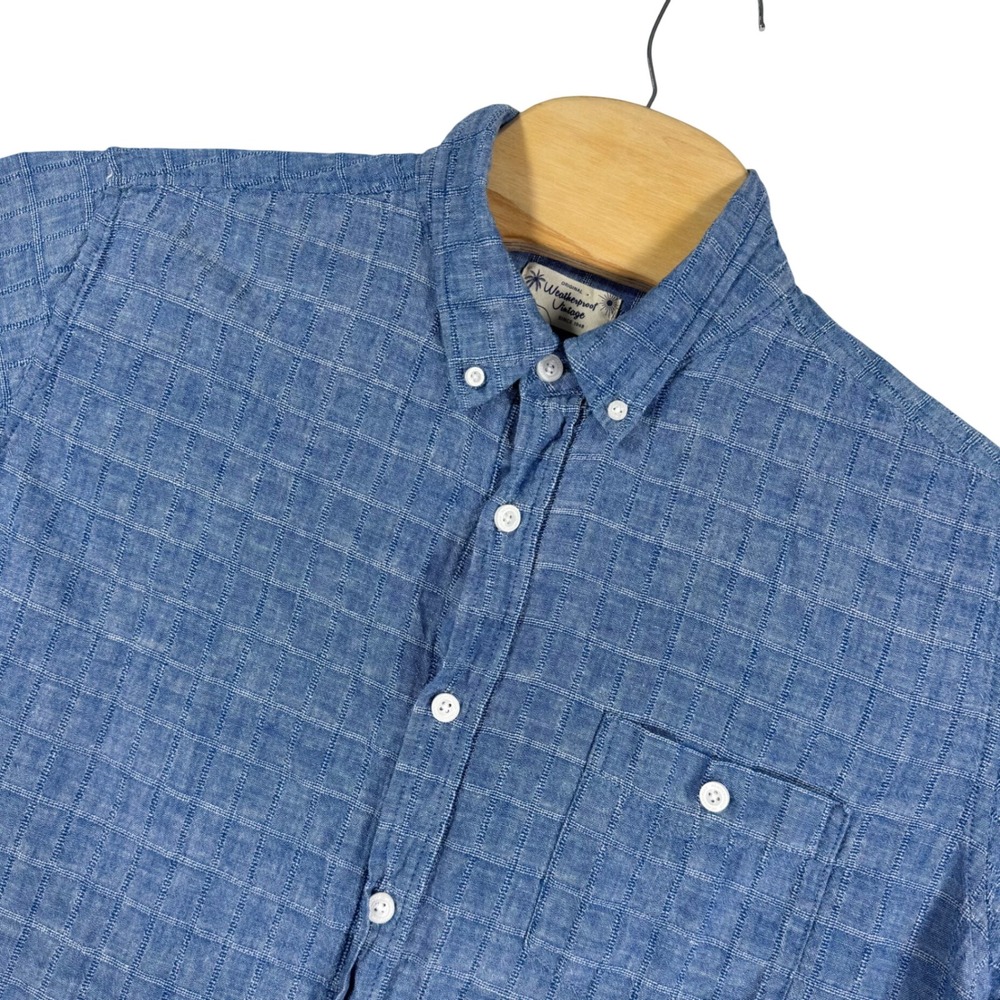 Weatherproof Vintage Mens Blue Linen Cotton Short‎ Sleeve Button Down Shirt XL